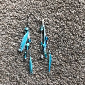 Blue earrings with feathers.